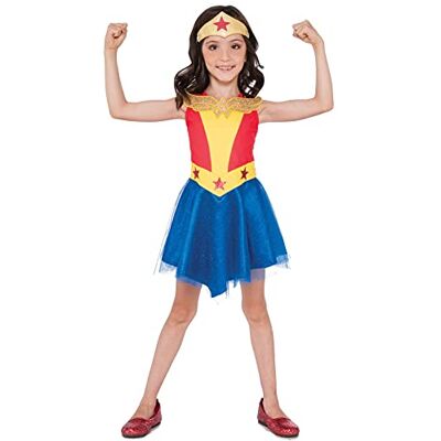 Rubie's DC Superhero Girls Official Tutu Wonder Woman Dress Barn, flickdräkt, blå, röd, gul, tiara, en storlek 4–6 år för halloween, karneval, julklappsidé Rubie's DC Superhero Girls Official Tutu Wonder Woman Dress Barn, flickdräkt, blå, röd, gul, tiara, en storlek 4–6 år för halloween, karneval, julklappsidé