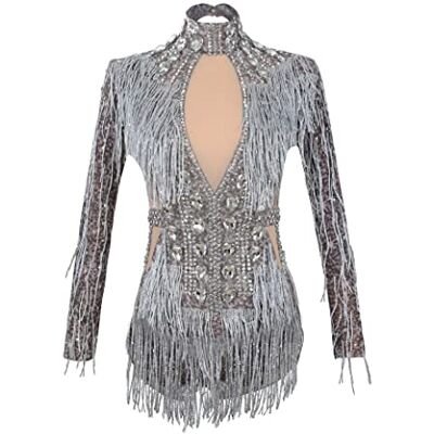 YUANTONG Genomskinliga nät-strass-bodys för kvinnor, sexiga fransar, gymnastikdräkt, dra queen-outfit, långärmad, födelsedag, dans, karneval, kostymer, grå YUANTONG Genomskinliga nät-strass-bodys för kvinnor, sexiga fransar, gymnastikdräkt, dra queen-outfit, långärmad, födelsedag, dans, karneval, kostymer, grå