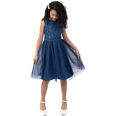 Maya Deluxe Midi-klänning för flickor, paljetter, utsmyckad, fest, tutu, brudtärnor, bröllop med bältesrosett, Franska marinen, 9-10 År Maya Deluxe Midi-klänning för flickor, paljetter, utsmyckad, fest, tutu, brudtärnor, bröllop med bältesrosett, Franska marinen, 9-10 År