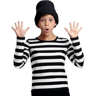 FIESTAS GUIRCA Barnrandig T-shirt (7–9 år) Textiltillbehör för clowndräkt perfekt för maskeradfester och fester unisex vuxen svart och vitt FIESTAS GUIRCA Barnrandig T-shirt (7–9 år) Textiltillbehör för clowndräkt perfekt för maskeradfester och fester unisex vuxen svart och vitt