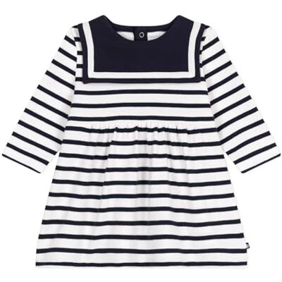 Petit Bateau Långärmad klänning för flickor, Vit/blå, 3 anni Petit Bateau Långärmad klänning för flickor, Vit/blå, 3 anni