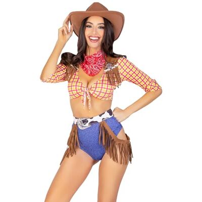 Leg Avenue 5 PC Playful Cowboy, includes tie front crop top with fringe detail, high waist bottoms, belt with fringe accent, pin on sheriffs badge, and neck bandana Leg Avenue 5 PC Playful Cowboy, includes tie front crop top with fringe detail, high waist bottoms, belt with fringe accent, pin on sheriffs badge, and neck bandana
