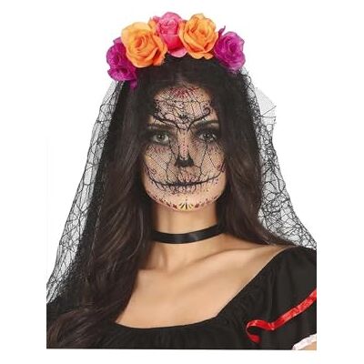 FIESTAS GUIRCA Catrina pannband för kvinnor med svart slöja halloween och pannband blommor lila och orange FIESTAS GUIRCA Catrina pannband för kvinnor med svart slöja halloween och pannband blommor lila och orange