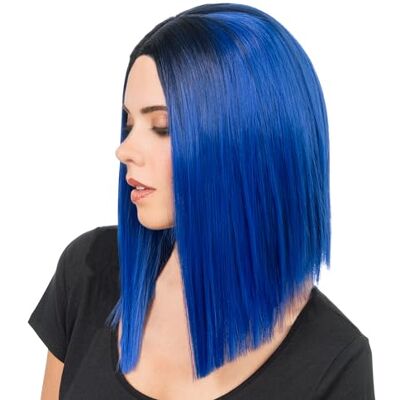 Chaks – peruk för kvinnor, 40 cm bob slät, blå med svart passform, för karneval, cosplay, festival och fest Chaks – peruk för kvinnor, 40 cm bob slät, blå med svart passform, för karneval, cosplay, festival och fest