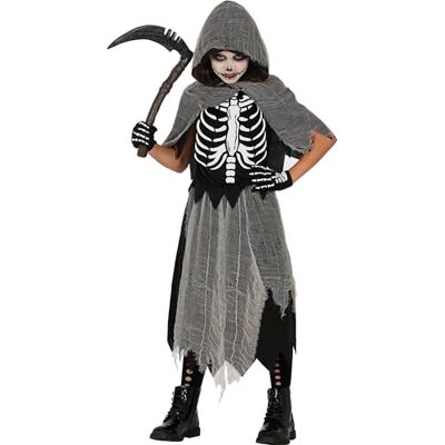 FIESTAS GUIRCA Skeleton Reaper kostym för barn (5–6 år) kappa, huva och klänning skelettdräkter för halloween, karneval och kostymfester perfekt för flickor svart och grått FIESTAS GUIRCA Skeleton Reaper kostym för barn (5–6 år) kappa, huva och klänning skelettdräkter för halloween, karneval och kostymfester perfekt för flickor svart och grått