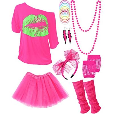 Blulu Set med kostymaccessoarer i 80-talet, t-shirt, tutu, pannband, örhänge, halsband, benvärmare (XXL, svart, rosenröd) Blulu Set med kostymaccessoarer i 80-talet, t-shirt, tutu, pannband, örhänge, halsband, benvärmare (XXL, svart, rosenröd)