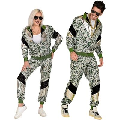 W WIDMANN MILANO Party Fashion – Kostym 80-talet träningsoverall Dollar, lyser under UV-ljus, jacka och byxor, sedlar, joggingdräkt, retrostil, badknapp fest, karneval W WIDMANN MILANO Party Fashion – Kostym 80-talet träningsoverall Dollar, lyser under UV-ljus, jacka och byxor, sedlar, joggingdräkt, retrostil, badknapp fest, karneval