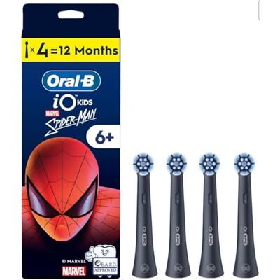 Oral-B iO borsthuvuden Kids 6+ Marvel Spiderman, svart, 4 stycken Original tandborstfäste för elektriska tandborstar barn från 6 år, mild mot tänder och tandkött Oral-B iO borsthuvuden Kids 6+ Marvel Spiderman, svart, 4 stycken Original tandborstfäste för elektriska tandborstar barn från 6 år, mild mot tänder och tandkött