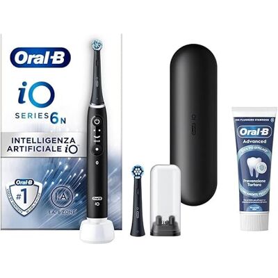Oral-B uppladdningsbar elektrisk tandborste iO 6N svart, 1 elektrisk tandborste, 2 ersättningshuvuden, resväska + 1 avancerad tandsten förebyggande tandkräm, tandrengöring Oral-B uppladdningsbar elektrisk tandborste iO 6N svart, 1 elektrisk tandborste, 2 ersättningshuvuden, resväska + 1 avancerad tandsten förebyggande tandkräm, tandrengöring