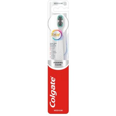 Colgate Total Foaming Clean Medium Manuell Tandborste Hjälper till att bekämpa grundorsaken till vanliga orala hälsoproblem för djupare ² tandkräm leverans når djupare ² längs tandköttslinje och Colgate Total Foaming Clean Medium Manuell Tandborste Hjälper till att bekämpa grundorsaken till vanliga orala hälsoproblem för djupare ² tandkräm leverans når djupare ² längs tandköttslinje och