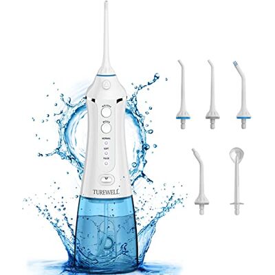 TUREWELL Munddusche- Elektrisch zahnzwischenraumreiniger mit 3 Modi und 5 Düsen,IPX7 Wasserdicht 300ML Munddusche Kabellos,Tragbarer Aufladbarer Oraler Irrigator für Familie und Reisen, Weiß TUREWELL Munddusche- Elektrisch zahnzwischenraumreiniger mit 3 Modi und 5 Düsen,IPX7 Wasserdicht 300ML Munddusche Kabellos,Tragbarer Aufladbarer Oraler Irrigator für Familie und Reisen, Weiß