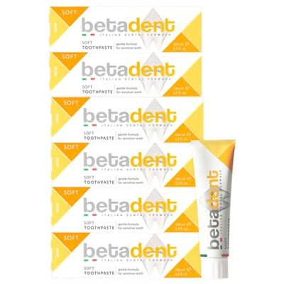 BETADENT KIT 6 SOFT DENTFRICIO för känsliga tänder. Motverkar tandköttsinflammation. Sanitiserande och lugnande verkan. Med aloe vera, tea tree oil och naturliga ingredienser. 6 x 100 ml BETADENT KIT 6 SOFT DENTFRICIO för känsliga tänder. Motverkar tandköttsinflammation. Sanitiserande och lugnande verkan. Med aloe vera, tea tree oil och naturliga ingredienser. 6 x 100 ml