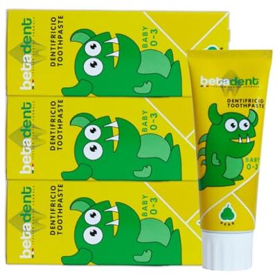 BETADENT KIT 3 BABY TANDKFRICIO KIT FÖR BARN 0–3 ÅR. Utan Fluor. Päronsmak. Anti-plack åtgärd, underlättar tandvård. Naturlig formulering. 3x75ml BETADENT KIT 3 BABY TANDKFRICIO KIT FÖR BARN 0–3 ÅR. Utan Fluor. Päronsmak. Anti-plack åtgärd, underlättar tandvård. Naturlig formulering. 3x75ml