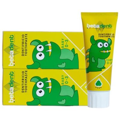 BETADENT KIT 2 BABY TANDKFRICIO FÖR BARN 0–3 ÅR. Utan Fluor. Päronsmak. Anti-plack åtgärd, underlättar tandvård. Naturlig formulering. 2 x 75 ml BETADENT KIT 2 BABY TANDKFRICIO FÖR BARN 0–3 ÅR. Utan Fluor. Päronsmak. Anti-plack åtgärd, underlättar tandvård. Naturlig formulering. 2 x 75 ml