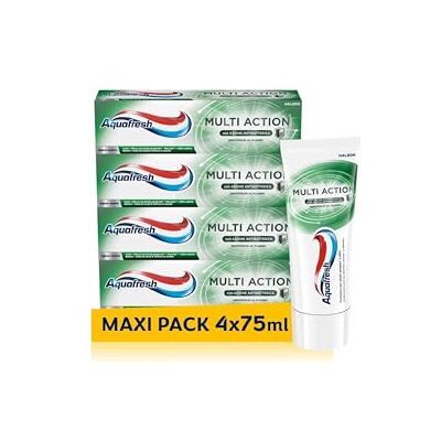 Aquafresh Multi Action Fluor Tandkräm, Bekämpa karies, Ytliga fläckar och dålig andedräkt, Pack 4x75 ml Aquafresh Multi Action Fluor Tandkräm, Bekämpa karies, Ytliga fläckar och dålig andedräkt, Pack 4x75 ml