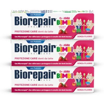 Biorepair , Tandkräm 0–6 år, karieskydd, jordgubbe, 3 x 50 ml Tandkräm för barn, med MicroRepair, kliniskt testad, fluorfri och färgämnen, med jordgubbsextrakt Biorepair , Tandkräm 0–6 år, karieskydd, jordgubbe, 3 x 50 ml Tandkräm för barn, med MicroRepair, kliniskt testad, fluorfri och färgämnen, med jordgubbsextrakt