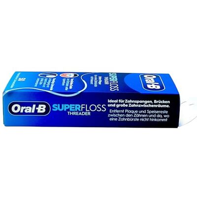 Oral-B Oral B Superfloss tandtråd, avlägsnar plack och tandsten, förstärkt ände eller fluffig mitt för trånga och breda rum, för rengöring av tandställningar och apparater, 4 x 50 förskurna trådar, blå Oral-B Oral B Superfloss tandtråd, avlägsnar plack och tandsten, förstärkt ände eller fluffig mitt för trånga och breda rum, för rengöring av tandställningar och apparater, 4 x 50 förskurna trådar, blå