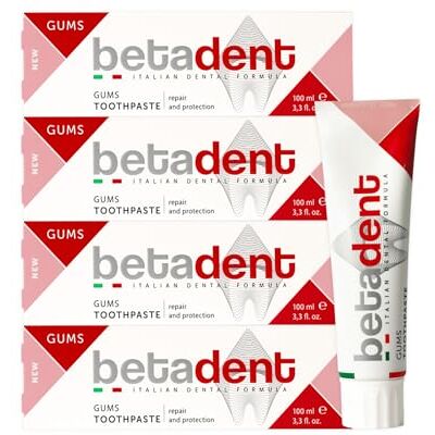 BETADENT GUMS TÄNDER 4 KIT för känsligt, inflammerat och irriterat tandkött. Reparerar och skyddar. Anti-plack och antibakteriell verkan. Delikat icke-slipande formel. 4 x 100 ml BETADENT GUMS TÄNDER 4 KIT för känsligt, inflammerat och irriterat tandkött. Reparerar och skyddar. Anti-plack och antibakteriell verkan. Delikat icke-slipande formel. 4 x 100 ml