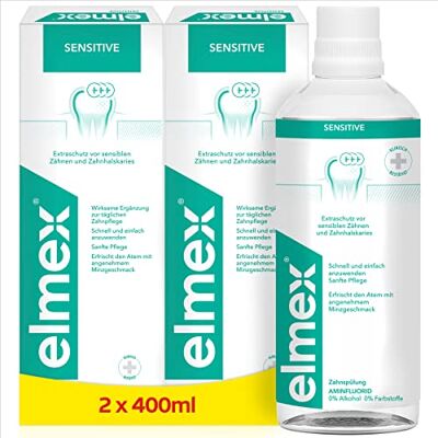 ELMEX munsköljning Sensitive 2 x 400 ml – munsköljning för extra skydd mot smärtkänsliga tänder och tandhalskaries – för daglig tandrengöring utan alkohol med mintsmak ELMEX munsköljning Sensitive 2 x 400 ml – munsköljning för extra skydd mot smärtkänsliga tänder och tandhalskaries – för daglig tandrengöring utan alkohol med mintsmak
