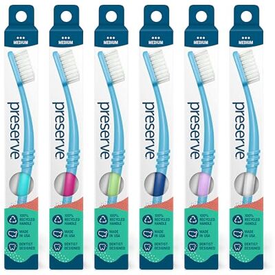 Preserve Bevara eko återvunnen tandborste för vuxna, medel, i återhållsam resepaket, 6 st., sorterade färger Preserve Bevara eko återvunnen tandborste för vuxna, medel, i återhållsam resepaket, 6 st., sorterade färger