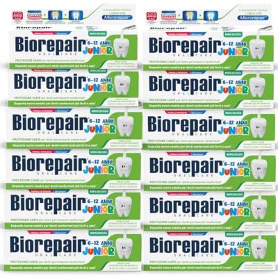 Biorepair , Junior tandkräm 6–12 år, 12 förpackningar om 75 ml, fluorfri barntandkräm med E-vitamin, antioxidant, för friskt tandkött, uppfriskande med mintsmak Biorepair , Junior tandkräm 6–12 år, 12 förpackningar om 75 ml, fluorfri barntandkräm med E-vitamin, antioxidant, för friskt tandkött, uppfriskande med mintsmak