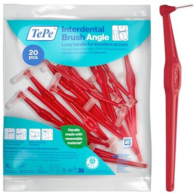 TePe Angle Vinklad Mellanrumsborste, Röd, 0.5mm/ISO 2), 20-pack, effektiv rengöring mellan tänderna, för bakre tänder, ta bort plack, för små mellanrum, där en vanlig tandborste inte kommer åt TePe Angle Vinklad Mellanrumsborste, Röd, 0.5mm/ISO 2), 20-pack, effektiv rengöring mellan tänderna, för bakre tänder, ta bort plack, för små mellanrum, där en vanlig tandborste inte kommer åt