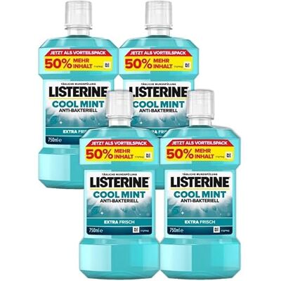 Listerine Cool mint munvatten (4 x 750 ml), antibakteriell munsköljning med eteriska oljor & intensiv mintsmak, tandvårdsbalsam minskar plack och effektivt bekämpar dålig andedräkt Listerine Cool mint munvatten (4 x 750 ml), antibakteriell munsköljning med eteriska oljor & intensiv mintsmak, tandvårdsbalsam minskar plack och effektivt bekämpar dålig andedräkt