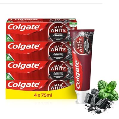 Colgate Tandkräm Max White Charcoal 4 x 75 ml – tandkräm med aktivt kol, tar bort upp till 100% av den ytliga missfärgningen Colgate Tandkräm Max White Charcoal 4 x 75 ml – tandkräm med aktivt kol, tar bort upp till 100% av den ytliga missfärgningen