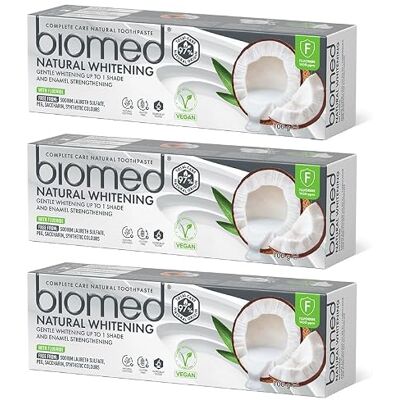 BIOMED 97% naturlig kokosnötsolja vitare tandkräm Delikat blekning och emaljförstärkning Lämplig för veganer, innehåller inte SLES, innehåller fluor, 100 g Förpackning med 3 BIOMED 97% naturlig kokosnötsolja vitare tandkräm Delikat blekning och emaljförstärkning Lämplig för veganer, innehåller inte SLES, innehåller fluor, 100 g Förpackning med 3