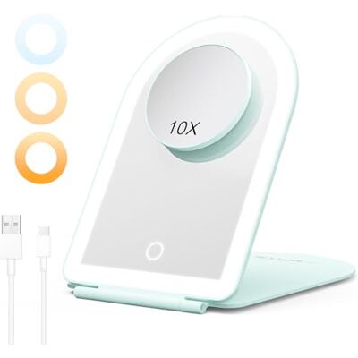 BESTOPE PRO Sminkspegel med belysning, LED, vikbar sminkspegel, 10 x förstoring, 3 dimbara färglampor, uppladdningsbar ultratunn bordsspegel för hem och resor, grön BESTOPE PRO Sminkspegel med belysning, LED, vikbar sminkspegel, 10 x förstoring, 3 dimbara färglampor, uppladdningsbar ultratunn bordsspegel för hem och resor, grön