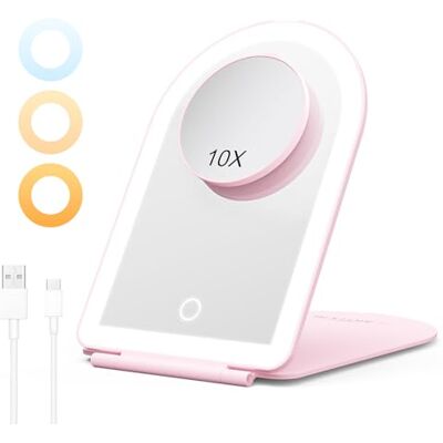 BESTOPE PRO Sminkspegel med belysning, LED, bärbar sminkspegel, 10 x förstoring, 3 dimbara färglampor, uppladdningsbar ultratunn bordsspegel för hem och smink, rosa BESTOPE PRO Sminkspegel med belysning, LED, bärbar sminkspegel, 10 x förstoring, 3 dimbara färglampor, uppladdningsbar ultratunn bordsspegel för hem och smink, rosa