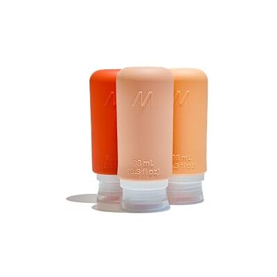 Muitomas , Reseflaskor med transparent fodral, 3 x 98 ml silikon reseflaskor, resebehållare för vätskor i silikon, persika färg Muitomas , Reseflaskor med transparent fodral, 3 x 98 ml silikon reseflaskor, resebehållare för vätskor i silikon, persika färg