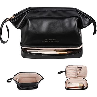 Abiudeng Large Makeup Bag for Women,Travel Makeup Organizer with Brush Holder, Dopp Kit Essentials,Waterproof PU Cosmetic Bag for Traveling,Multi Compartment, Cute,Spacious Capacity-Black Abiudeng Large Makeup Bag for Women,Travel Makeup Organizer with Brush Holder, Dopp Kit Essentials,Waterproof PU Cosmetic Bag for Traveling,Multi Compartment, Cute,Spacious Capacity-Black