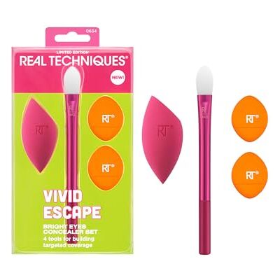 REAL TECHNIQUES Vivid Escape Bright Eyes Concealer set i 4 delar, inkluderar kattunge tass sminkborste, pulverpuff och concealer makeup-blandning, svamp, riktad döljande, resevänlig, grymhetsfri REAL TECHNIQUES Vivid Escape Bright Eyes Concealer set i 4 delar, inkluderar kattunge tass sminkborste, pulverpuff och concealer makeup-blandning, svamp, riktad döljande, resevänlig, grymhetsfri