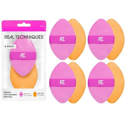REAL TECHNIQUES 4-pack Miracle 2-i-1-pulverpuffar, dubbelsidig sminkblandningspuff, vändbart elastiskt band, precision makeup svamp och pulverpuff, för vätska, grädde och pulverprodukter REAL TECHNIQUES 4-pack Miracle 2-i-1-pulverpuffar, dubbelsidig sminkblandningspuff, vändbart elastiskt band, precision makeup svamp och pulverpuff, för vätska, grädde och pulverprodukter