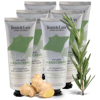 Jean & Len Sehr geile handkräm Rosemary & Ginger, med urea, handvård för torra & nariga händer, återfuktar & vårdar intensivt, utan parabener & silikoner, handkrämsset, 6 x 75 ml Jean & Len Sehr geile handkräm Rosemary & Ginger, med urea, handvård för torra & nariga händer, återfuktar & vårdar intensivt, utan parabener & silikoner, handkrämsset, 6 x 75 ml