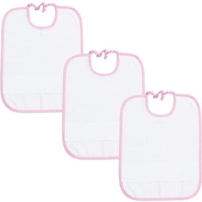 FILET 3 set dagis haklappar med elastisk vit svamp med Aida kanfas för broderi, rosa tråd rutig kant FILET 3 set dagis haklappar med elastisk vit svamp med Aida kanfas för broderi, rosa tråd rutig kant