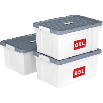 Cetomo 65 L x 3 förvaringslådor, plastförvaringslåda med lock, organiseringsbehållare med handtag och säkra spärrspännen, stapelbar, kapabel, tygkorg för hemmakontor, 65 L-3 pack, vit Cetomo 65 L x 3 förvaringslådor, plastförvaringslåda med lock, organiseringsbehållare med handtag och säkra spärrspännen, stapelbar, kapabel, tygkorg för hemmakontor, 65 L-3 pack, vit