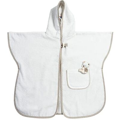 FILET Bath Poncho för spädbarn och barn upp till 2 år, badklänning med huva av bomullstusshandduk; broderad Aida tygficka, tillverkad i Italien; en storlek, vit och taupe FILET Bath Poncho för spädbarn och barn upp till 2 år, badklänning med huva av bomullstusshandduk; broderad Aida tygficka, tillverkad i Italien; en storlek, vit och taupe