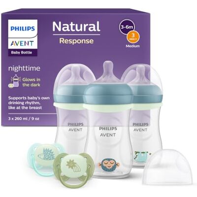 Philips Avent Natural Response Nighttime-set – 3 nappflaskor 260 ml, napp med medelflöde (flöde 3), självlysande ring, 2 Ultra Soft Nighttime-nappar, design med sömniga djur, SCD838/20 Philips Avent Natural Response Nighttime-set – 3 nappflaskor 260 ml, napp med medelflöde (flöde 3), självlysande ring, 2 Ultra Soft Nighttime-nappar, design med sömniga djur, SCD838/20