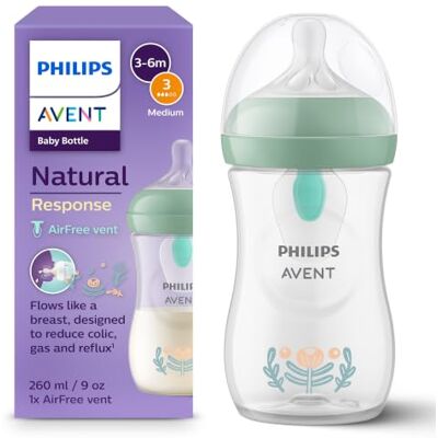 Philips Avent Natural Response-nappflaska med AirFree Vent 260 ml, napp med medelflöde (flöde 3), design med skogsväxter, SCY673/83 Philips Avent Natural Response-nappflaska med AirFree Vent 260 ml, napp med medelflöde (flöde 3), design med skogsväxter, SCY673/83