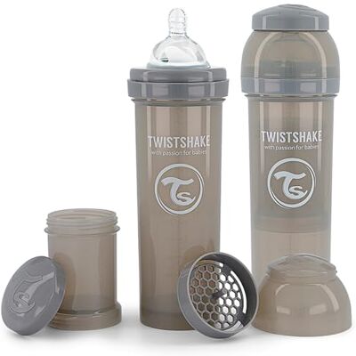 Twistshake 2-pack Anti-kolik Nappflaskor med Pulverbehållare och Mixernät 330ml Dinapp i silikon med långsamt flöde BPA-fri Nappflaska 4+ månader Grå Twistshake 2-pack Anti-kolik Nappflaskor med Pulverbehållare och Mixernät 330ml Dinapp i silikon med långsamt flöde BPA-fri Nappflaska 4+ månader Grå