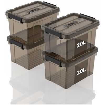 SpaceXpert förvaringslådor, förvaringsboxar, bärbara plastlådor med handtag, stapelbara organisatörbehållare för sovrum, skräp, skola, transparent svart, 20 l (set med 4 st) SpaceXpert förvaringslådor, förvaringsboxar, bärbara plastlådor med handtag, stapelbara organisatörbehållare för sovrum, skräp, skola, transparent svart, 20 l (set med 4 st)