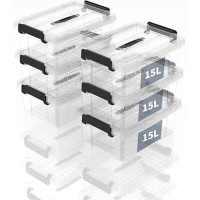 SpaceXpert förvaringslådor, förvaringslådor, bärbara plastlådor med handtag, stapelbara organisatörbehållare för sovrum, skräp, skola, transparent, 15 l (set med 6 st) SpaceXpert förvaringslådor, förvaringslådor, bärbara plastlådor med handtag, stapelbara organisatörbehållare för sovrum, skräp, skola, transparent, 15 l (set med 6 st)