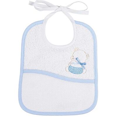FILET 2201BLEU- 100% bomull mjuk svamp haklapp med canvasficka med korsstygn, broderi björn, vit färg FILET 2201BLEU- 100% bomull mjuk svamp haklapp med canvasficka med korsstygn, broderi björn, vit färg