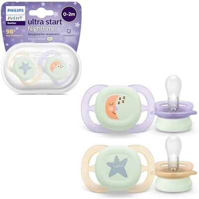 AVENT Philips Ultra Start Nighttime-nappar, ortodontiska nappar för nyfödda 0–2 månader, lyser i mörkret, symmetrisk napp i silikon, BPA-fri, med sterilisator/nappfodral, 2-pack, SCF075/07 AVENT Philips Ultra Start Nighttime-nappar, ortodontiska nappar för nyfödda 0–2 månader, lyser i mörkret, symmetrisk napp i silikon, BPA-fri, med sterilisator/nappfodral, 2-pack, SCF075/07