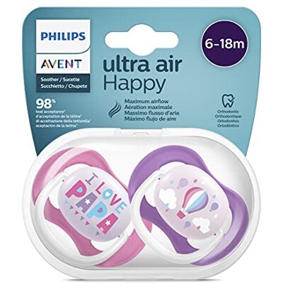 AVENT Philips Ultra Air-napp, för 6–18 m, ortodontisk och BPA-fri, 2 st., inklusive sterilisator/nappfodral, SCF080/04 AVENT Philips Ultra Air-napp, för 6–18 m, ortodontisk och BPA-fri, 2 st., inklusive sterilisator/nappfodral, SCF080/04