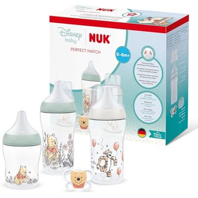 NUK Perfect Match – Set med 4 stycken nappflaskor och dinappar för 0–6 månader baby, 3 anti-kolik-flaskor (150 ml, 260 ml), 1 x Perfect Match Air-napp – Disney Nalle Puh NUK Perfect Match – Set med 4 stycken nappflaskor och dinappar för 0–6 månader baby, 3 anti-kolik-flaskor (150 ml, 260 ml), 1 x Perfect Match Air-napp – Disney Nalle Puh