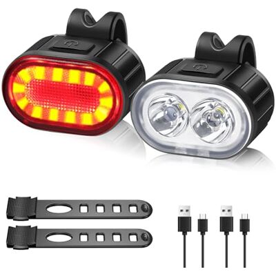 Oderra LED-cykelljus fram och bak USB-uppladdningsbara cykellampor, 4/6 lägen (fast/stroboskopisk), IPX4 vattentät, självständighet 10 timmar/12 timmar för MTB, cykel, skateboard Oderra LED-cykelljus fram och bak USB-uppladdningsbara cykellampor, 4/6 lägen (fast/stroboskopisk), IPX4 vattentät, självständighet 10 timmar/12 timmar för MTB, cykel, skateboard