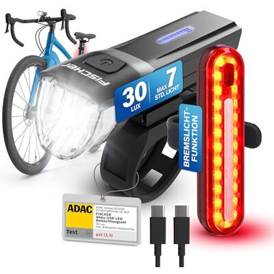 Fischer Cykelbelysningsset Stop 30/15 lux med bromsljus, fram- och bakljus, med batteri och USB-laddningsfunktion, 2 ljusfunktioner, stänkskydd enligt IP44, StVZO-godkänd Fischer Cykelbelysningsset Stop 30/15 lux med bromsljus, fram- och bakljus, med batteri och USB-laddningsfunktion, 2 ljusfunktioner, stänkskydd enligt IP44, StVZO-godkänd
